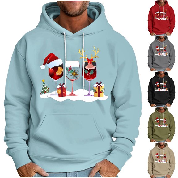 SeCaotees Christmas Graphic Hoodies for Men Warm Cute Funny Xmas Tree Snowflake Reindeer Printed Drawstring Pullover Sweatshirt with Pockets Trendy Mens Christmas Outfits Black,L