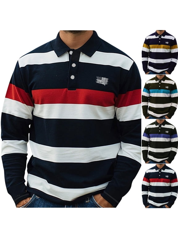 Classic Striped Rugby Polo Shirts for Men Long Sleeve Button Placket Chest Decor Detail Breathable Knit Material Loose Fit Street Daily Tops Blue,L