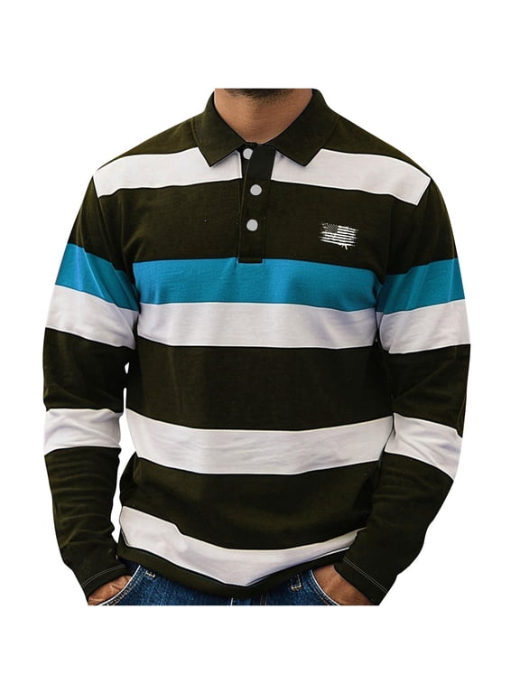 Classic Striped Rugby Polo Shirts for Men Long Sleeve Button Placket Chest Decor Detail Breathable Knit Material Loose Fit Street Daily Tops Sky Blue,XXL