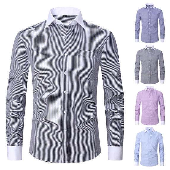 SeCaotees Contrast Cuff Dress Shirts for Men Long Sleeve Point Collar Button Closure Soft Woven Material Slim Fit Formal And Daily Commuting Blouses Black,L