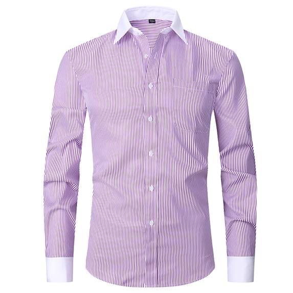 SeCaotees Contrast Cuff Dress Shirts for Men Long Sleeve Point Collar Button Closure Soft Woven Material Slim Fit Formal And Daily Commuting Blouses Purple,XXL