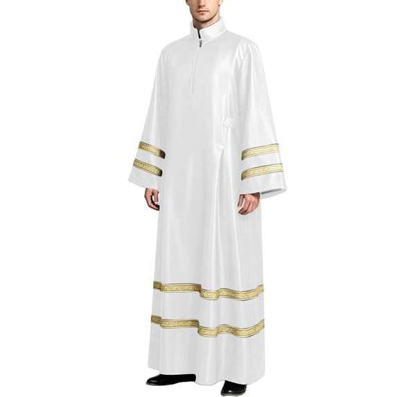 SeCaotees Costume for Men Solid Color Long Sleeve Striped Robe Relaxed Fit Lightweight Breathable Church Clergy Priest Halloween Cosplay Fancy Dress Outfit White,XL
