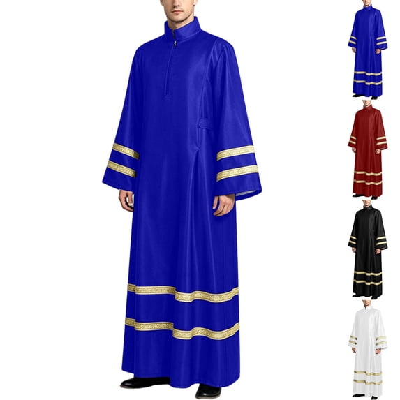 SeCaotees Costume for Men Solid Color Long Sleeve Striped Robe Relaxed Fit Lightweight Breathable Church Clergy Priest Halloween Cosplay Fancy Dress Outfit Black,L