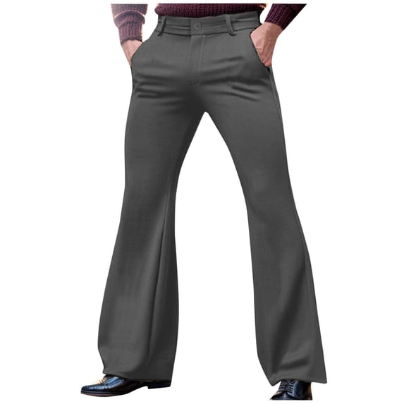 SeCaotees Flared Bootcut Pants for Men Mid Rise Waist Wide Leg Opening Wrinkle‑Resistant Blended Fabric Side Pockets Retro Fashion Party Gathering Trousers Dark Gray,S