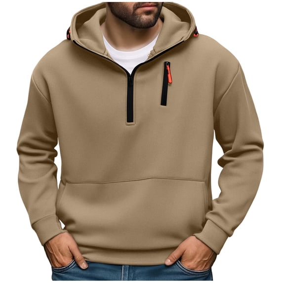 SeCaotees Half Zip Pullover Hoodies for Men Long Sleeve Drawstring Hooded Sweatshirt Loose Fit Streetwear Athletic Tops Khaki,XXXL