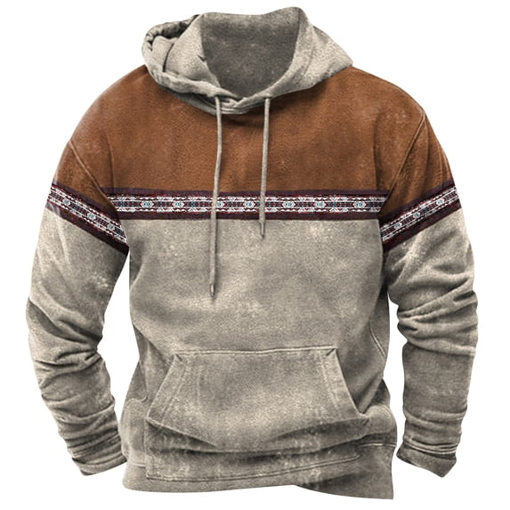SeCaotees Hooded Graphic Sweatshirts for Men Vintage Drawstring Tribal Aztec Hoodies Long Sleeve Western Cowboy Sweatshirts with Kangraoo Pocket Colorblock Patchwork Fall Pullover Tops Gray,M