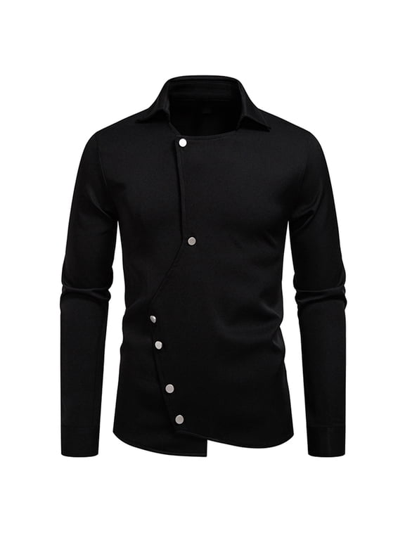 Lapel Collar Zipper Jacket for Men Long Sleeve Asymmetric Zipper Closure Tailored Silhouette Solid Woven Fabric Fashion Casual Outer Coat Black,XL