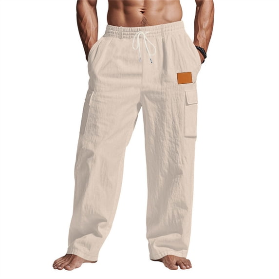 SeCaotees Linen‑Blend Drawstring Cargo Pants for Men Elastic Waist Loose Wide Leg Cut Soft Lightweight Fabric Multiple Side Pockets Beach Holiday Leisure Home Trousers Khaki,XL