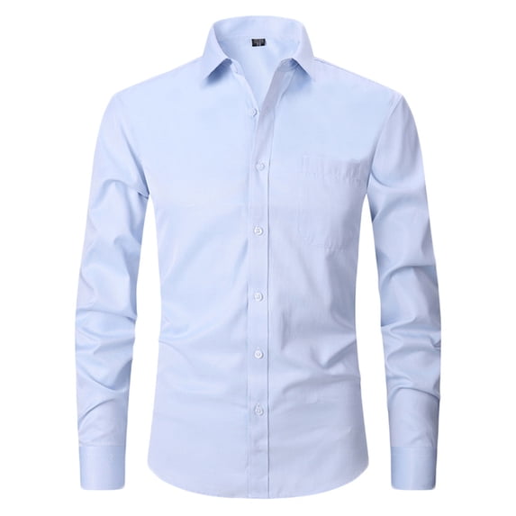 SeCaotees Long Sleeve Formal Button Shirts for Men Turn‑Down Collar Slim Fit Wrinkle Resistant Soft Fabric Business Office Dress Button‑Up Tops Sky Blue,L