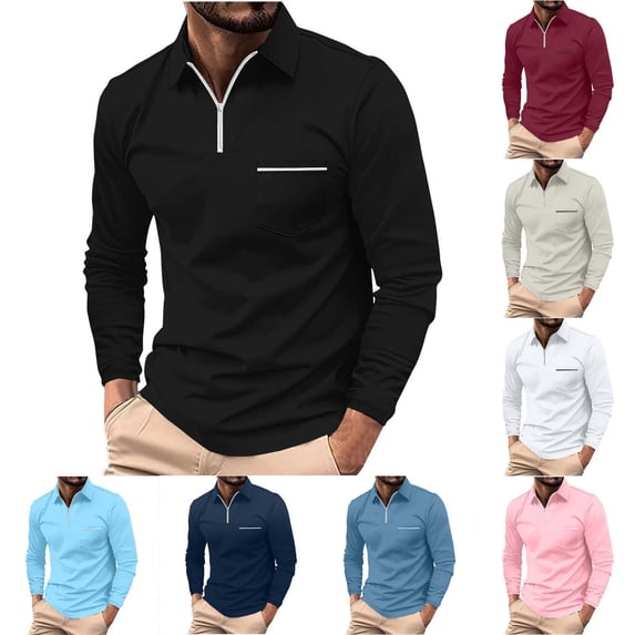 SeCaotees Long Sleeve Quarter Zip Polo Shirts for Men Turn‑Down Collar Chest Pocket Slim Fit Soft Stretchy Fabric Outdoor Daily Pullover Tops Black,L