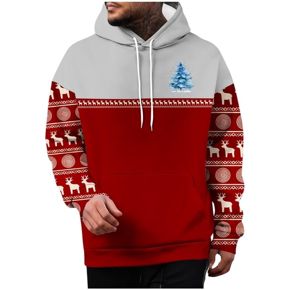 SeCaotees Men Color Block Christmas Print Sleeve Pullover Hoodie Long Sleeve Drawstring Kangaroo Pocket Loose Fit Tops Fashion Sweatshirts for Holiday Street Style Red,L
