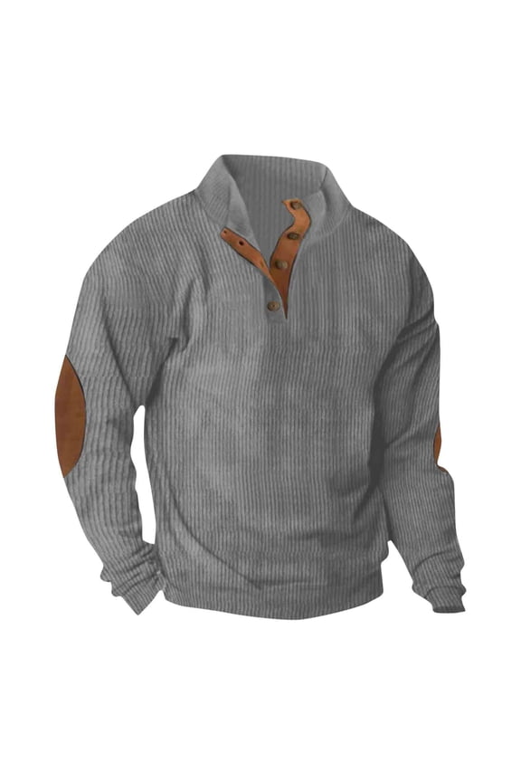 Men Knitted Pullover Sweater Elbow Patch Design Stand Collar Henley Neck Ribbed Cuffs Hem Soft Warm Knit Fabric For Outdoor Weekend Gathering Dark Gray,S