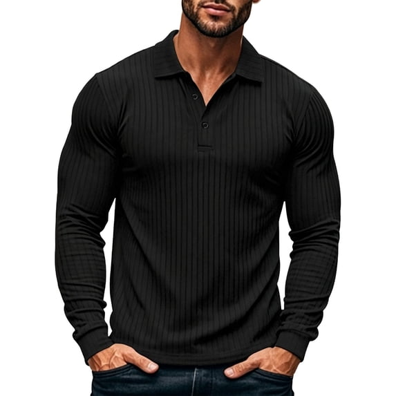 SeCaotees Men Long Sleeve Henley Polo Shirts Button Placket Striped Cuff Detail Muscle Fit Soft Knit For Leisure And Weekend Outing Tops Black,XL