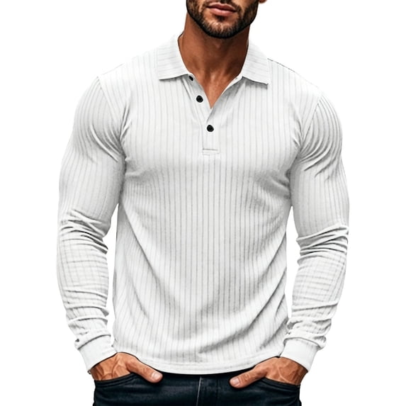 SeCaotees Men Long Sleeve Henley Polo Shirts Button Placket Striped Cuff Detail Muscle Fit Soft Knit For Leisure And Weekend Outing Tops White,M
