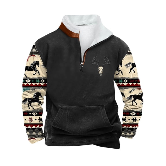 SeCaotees Men Quarter Zip Stand Collar Pullover Sweatshirt Color Block Camo Patchwork Long Sleeve Kangaroo Pocket Relaxed Fit Soft Tops For Fall Outdoor Wear Black,XXXXXL