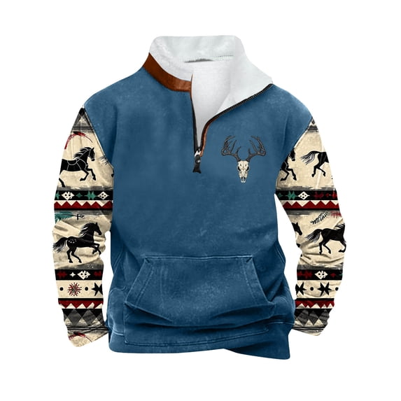 SeCaotees Men Quarter Zip Stand Collar Pullover Sweatshirt Color Block Camo Patchwork Long Sleeve Kangaroo Pocket Relaxed Fit Soft Tops For Fall Outdoor Wear Blue,XXXXL