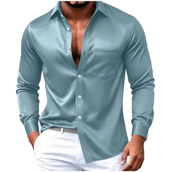 SeCaotees Men Shiny Satin Lapel Collar Dress Shirt, Slim‑Fit Long Sleeve Button‑Up Top for Night Out Wedding Dinner Club Gathering Mint Green,S