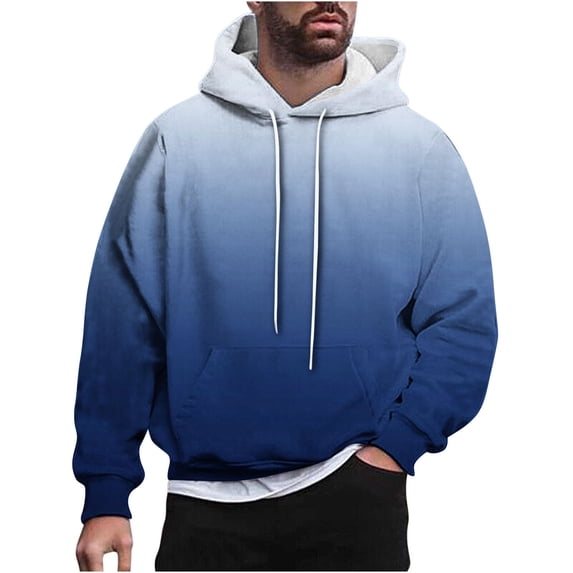 SeCaotees Men Two‑Tone Ombre Pullover Hoodie Long Sleeve Drawstring Kangaroo Pocket Soft Fleece Relaxed Fit Tops Blue,XL