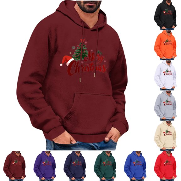 SeCaotees Men's Christmas Hoodie, Candy Cane Xmas Tree Graphic Print Pullover Hooded Sweatshirt, Casual Long‑Sleeve Kangaroo Pocket Top for Fall Winter Holiday Army Green,L