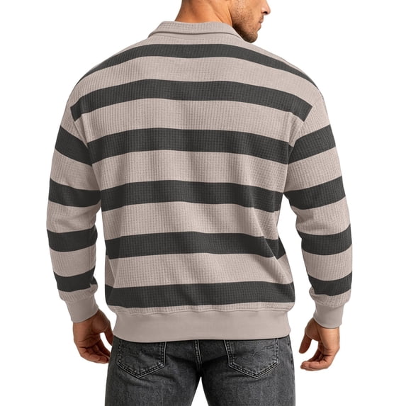 SeCaotees Men's Long Sleeve Horizontal Stripe Polo Shirt Turn‑Down Collar Partial Button Placket Slim Fit Soft Knit Fabric For Business Travel Daily Shirts Beige,XL