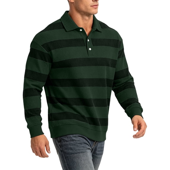 SeCaotees Men's Long Sleeve Horizontal Stripe Polo Shirt Turn‑Down Collar Partial Button Placket Slim Fit Soft Knit Fabric For Business Travel Daily Shirts Army Green,M