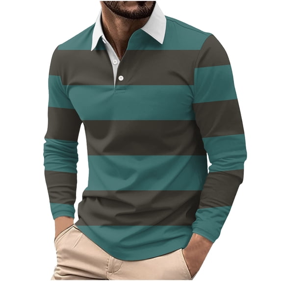 SeCaotees Men's Long Sleeve Horizontal Stripe Rugby Polo Shirt Contrast Collar Partial Button Placket Relaxed Fit Soft Knit Fabric For Weekend Gathering Daily Wear Tops Brown,S