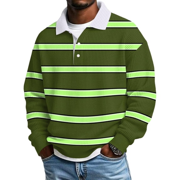 SeCaotees Men's Long Sleeve Striped Rugby Polo Shirt Contrast Collar Partial Button Closure Relaxed Fit Knit Fabric For Street Outdoor Daily Pullover Tops Green,M