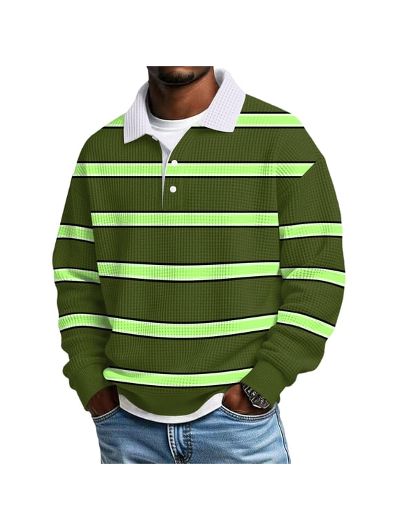 Men's Long Sleeve Striped Rugby Polo Shirt Contrast Collar Partial Button Closure Relaxed Fit Knit Fabric For Street Outdoor Daily Pullover Tops Green,M