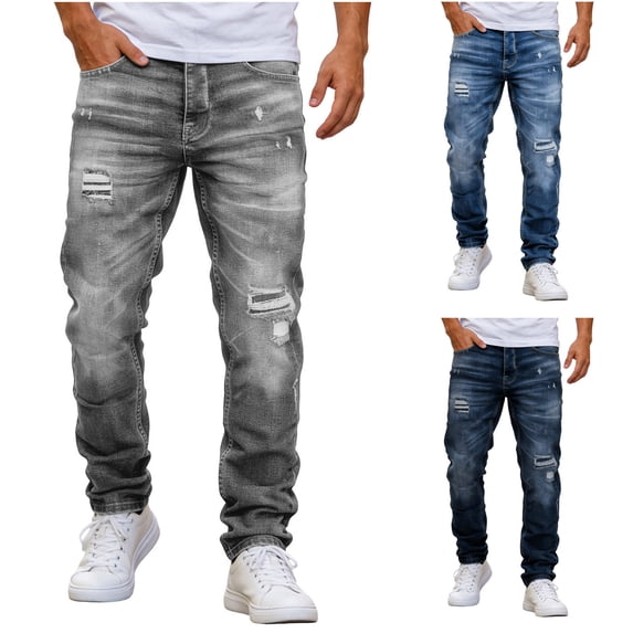 SeCaotees Men's Ripped Distressed Denim Jeans Slim Tapered Fit Washed Streetwear Destroyed Casual Trousers with Pockets for Urban Daily Going‑Out Fashion Lifestyle Blue,L