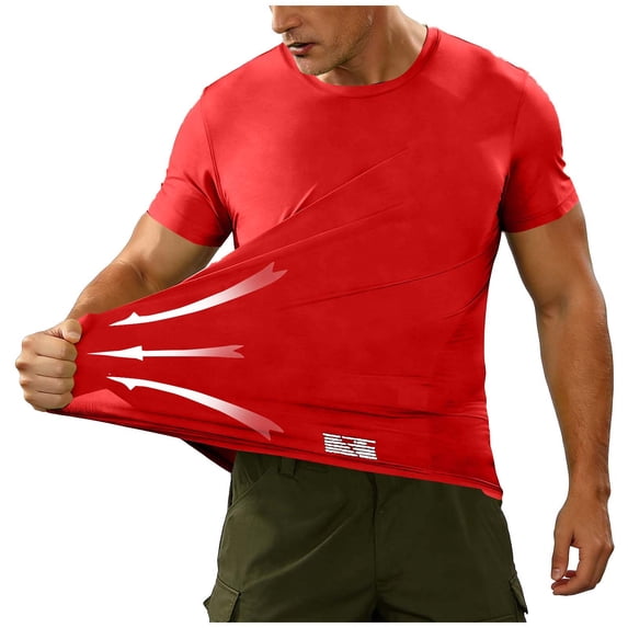 SeCaotees Men's Short‑Sleeve Athletic Performance Tee Crew Neck High Stretch Quick‑Dry Lightweight Fabric Slim Fit For Gym Workout Running Sports Tops Red,L