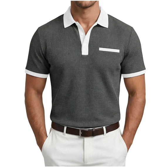 SeCaotees Men's Short‑Sleeve Contrast Collar Polo Shirt Partial Placket Chest Pocket Slim Fit Knit Fabric For Daily Business Travel Casual Tops Dark Gray,L
