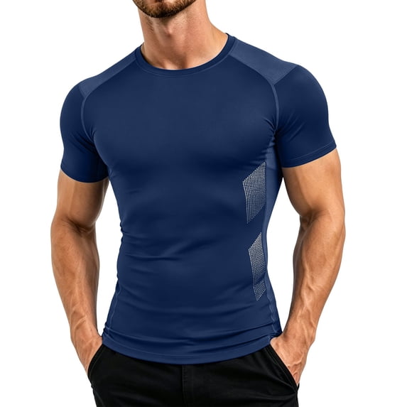 SeCaotees Men's Short‑Sleeve Muscle Tee Raglan Seam Crew Neck Stretchy Fabric Slim Fit Lightweight Breathable For Workout Gym Daily Tops Navy,M