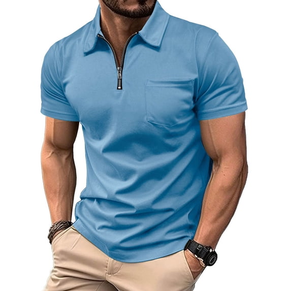SeCaotees Men's Short Sleeve Quarter Zip Polo Shirt Turn‑Down Collar Slim Fit Soft Stretchy Knit Fabric For Dating Weekend Outdoor Daily Wear Tops Light Blue,XL