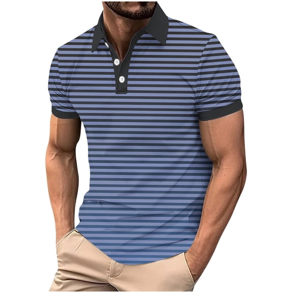 SeCaotees Men's Short‑Sleeve Striped Polo Shirt Turn‑Down Collar Button Placket Stretchy Knit Muscle Fit For Outdoor Gathering Business Casual Shirts Navy,S