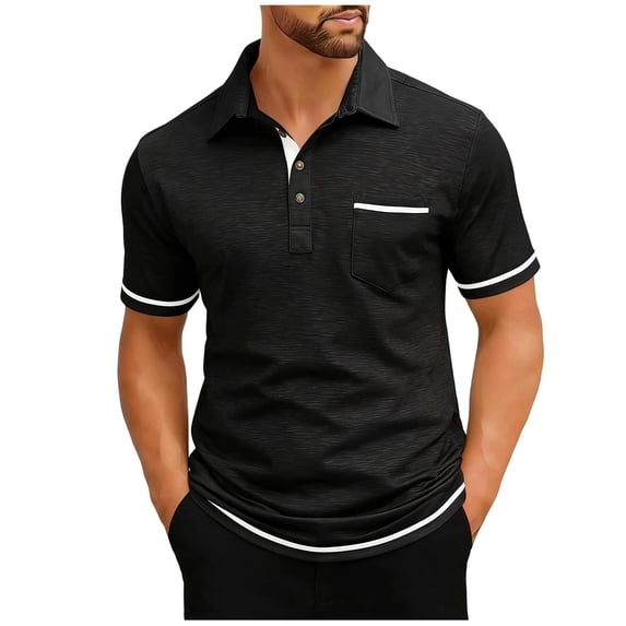 SeCaotees Men's Short Sleeve Turn‑Down Collar Polo Shirt Single Chest Pocket Slim Fit Breathable Pique Knit Fabric For Business Casual Weekend Daily Shirts Black,M