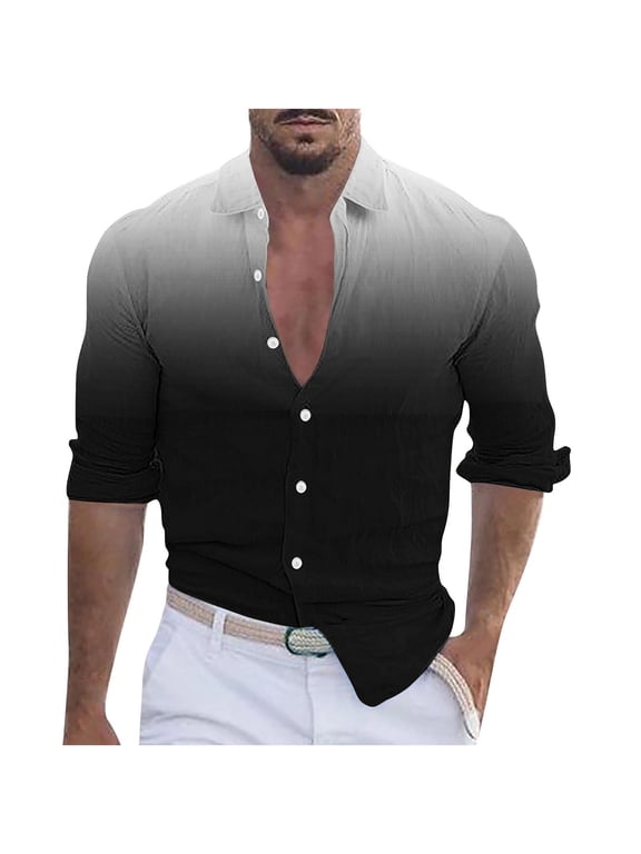 Men's Stand Collar Long Sleeve Shirt Full Button Front Ombre Gradient Roll Up Cuff Slim Fit Shirt Black,S