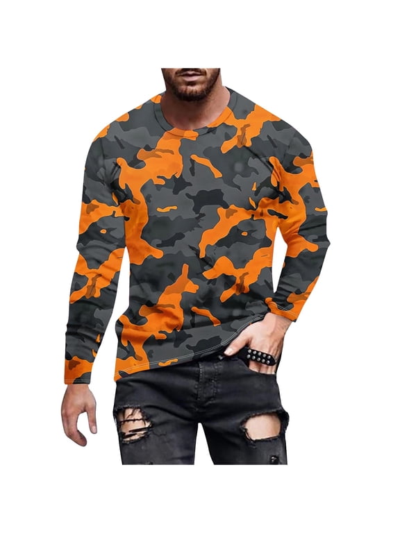 Men's V Neck Long Sleeve Shirt All Over Splatter Camo Print Breathable Knit Regular Fit Outdoor Top Orange,XXL