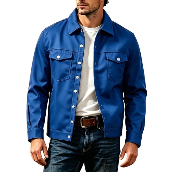 SeCaotees Mens Button Front Denim Style Trucker Jacket Long Sleeve Lapel Casual Outerwear Chest Flap Pockets Transitional Season Shirt Jacket for Daily Outings Blue,XXXL