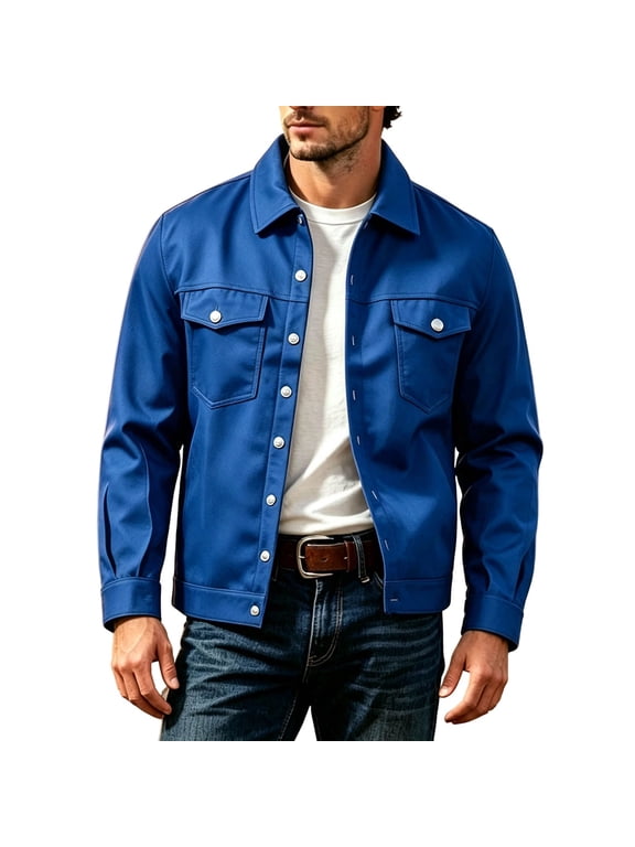 Mens Button Front Denim Style Trucker Jacket Long Sleeve Lapel Casual Outerwear Chest Flap Pockets Transitional Season Shirt Jacket for Daily Outings Blue,XXXL