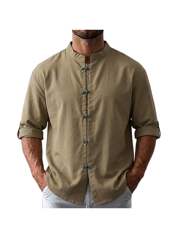 Mens Casual Henley Shirt Mandarin Collar Half Button Long Sleeve Roll Tab Chest Pocket Beach Vacation Daily Top Army Green,XL