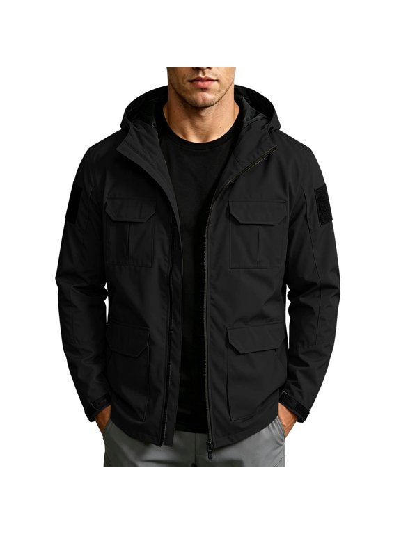 Mens Military Field Jacket Reinforced Woven Fabric For Men Outdoor Workwear Fall Winter Regular Fit Hooded Collar Long Sleeve Full Zip Multi Cargo Pockets Sleeve Patch Black,S