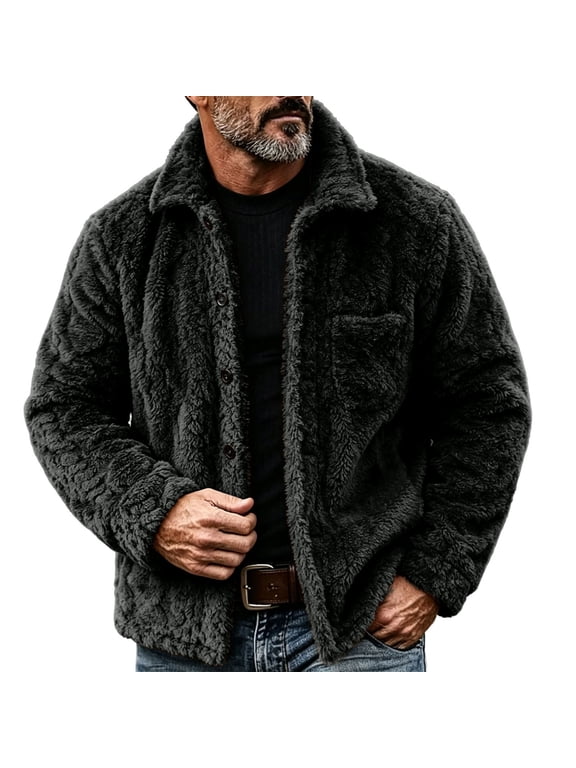 Mens Sherpa Fleece Trucker Jacket Lapel Collar Button Front Outerwear Chest Patch Pockets Thick Warm Fuzzy Coat for Cold Season Casual Outings Black,XXS