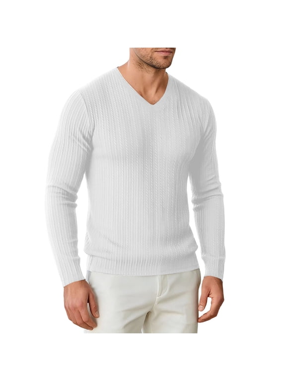 Mens V Neck Henley Shirt Long Sleeve Button Half Placket Slim Fit Soft Knit Casual Top for Daily Layering Wear White,S