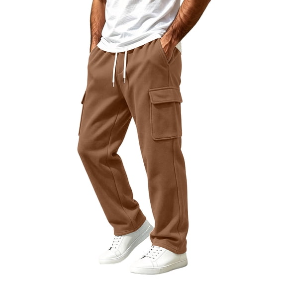 SeCaotees Multi‑Pocket Straight Leg Cargo Pants for Men Drawstring Waist Relaxed Fit Lightweight Fabric Urban Daily Casual Trousers Coffee,M