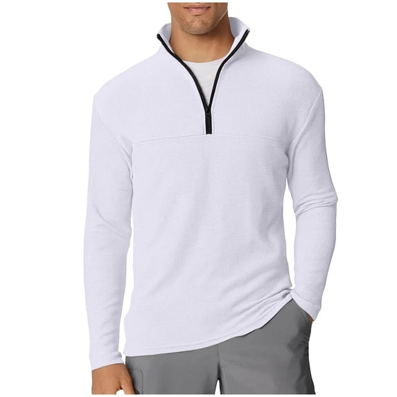 SeCaotees Quarter Zip Pullover Shirts for Men Long Sleeve Stand Collar Lightweight Loose Fit Casual Athletic Sports Daily Tops White,XXXL