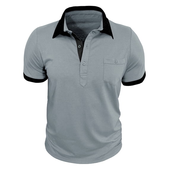 SeCaotees Short Sleeve Color Block Polo Shirts for Men Lapel Collar Zip Placket Regular Fit Soft Knit Fabric Business Casual Pullover Tops Gray,XL