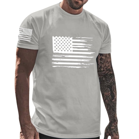 SeCaotees Short Sleeve Flag Graphic Print Tees for Men Crew Neck Regular Fit Soft Knit Fabric Street Fashion Outdoor Casual Pullover Tops Gray,L