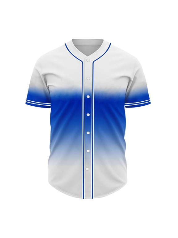 Short Sleeve Gradient Baseball Jersey for Men V‑Neck Button Front Closure Loose Fit Lightweight Breathable Sport Casual Blouses Blue,S