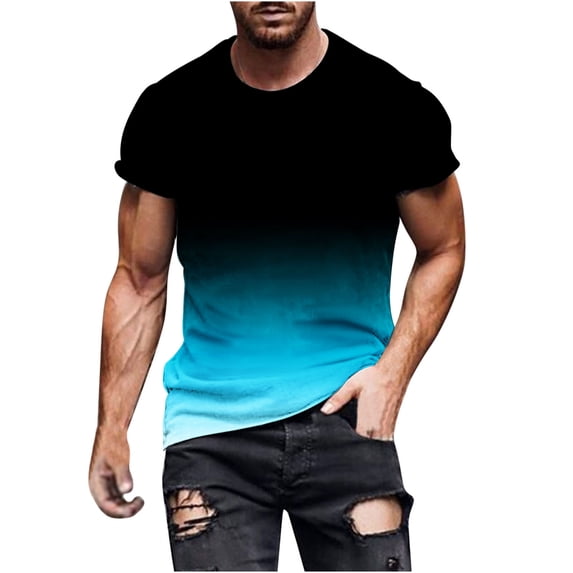 SeCaotees Short Sleeve Gradient Crew Neck Tees for Men Regular Fit Stretchy Knit Fabric Casual Daily Outdoor Pullover Tops Sky Blue,M