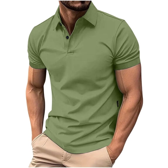 SeCaotees Short Sleeve Polo Shirts for Men Turn‑Down Collar Button Placket Slim Fit Soft Knit Fabric Business Daily Golf Tops Green,M